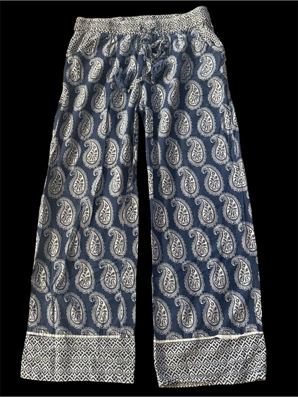 Navy Paisley Wide-Leg Sleep Pants with Drawstring